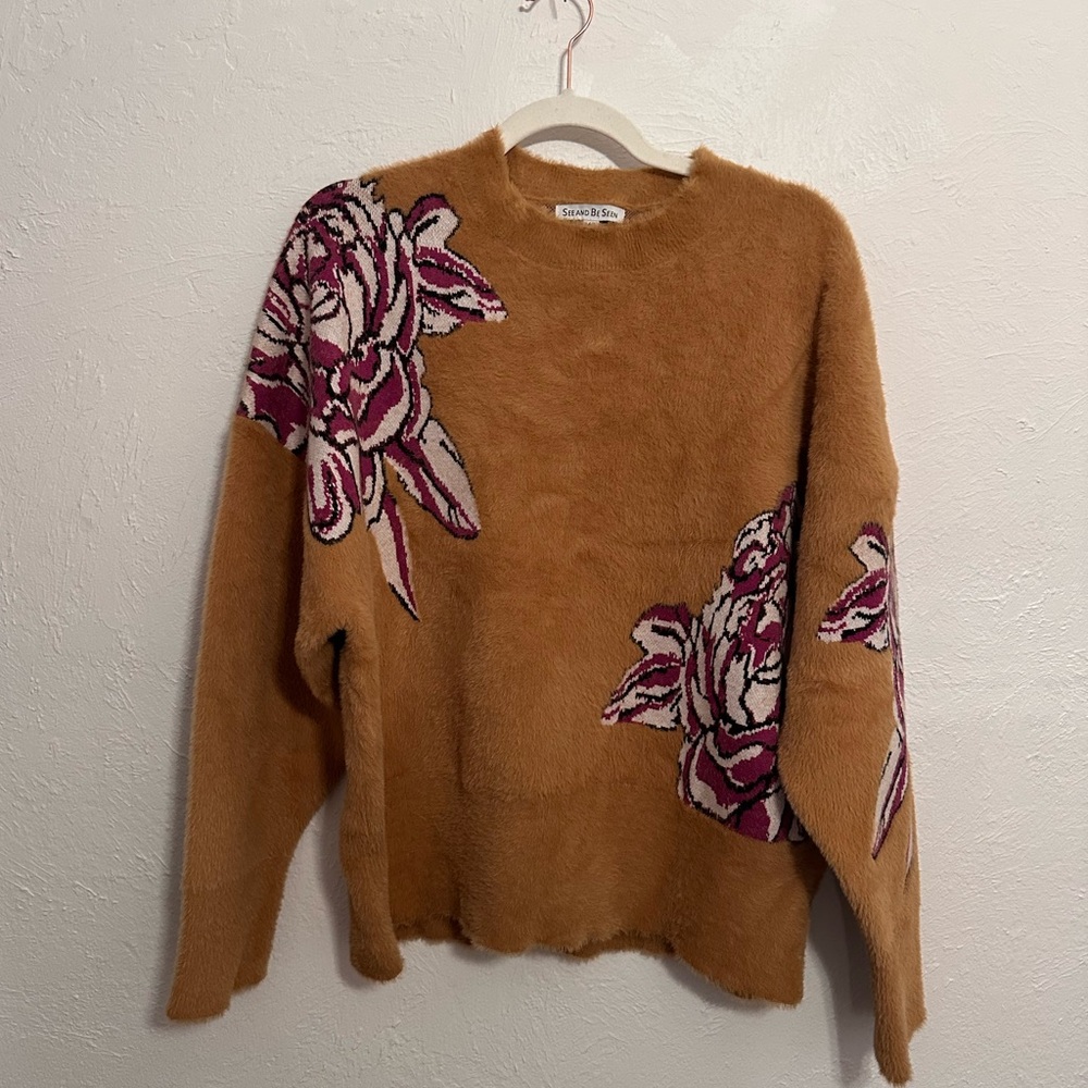 See And Be Seen Fuzzy Sweater M/L Brown Flower Abstract Artsy Pullover Soft